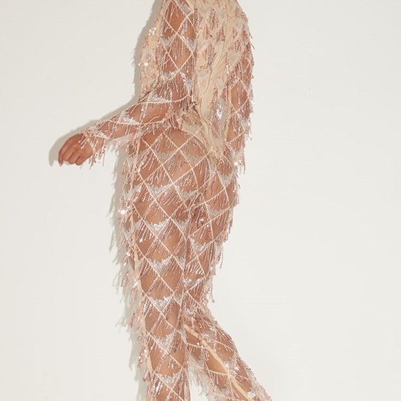 Pretty Little Thing Rose Gold Tassel Sequin Plunge Jumpsuit, SZ 2 - Picture 2 of 2
